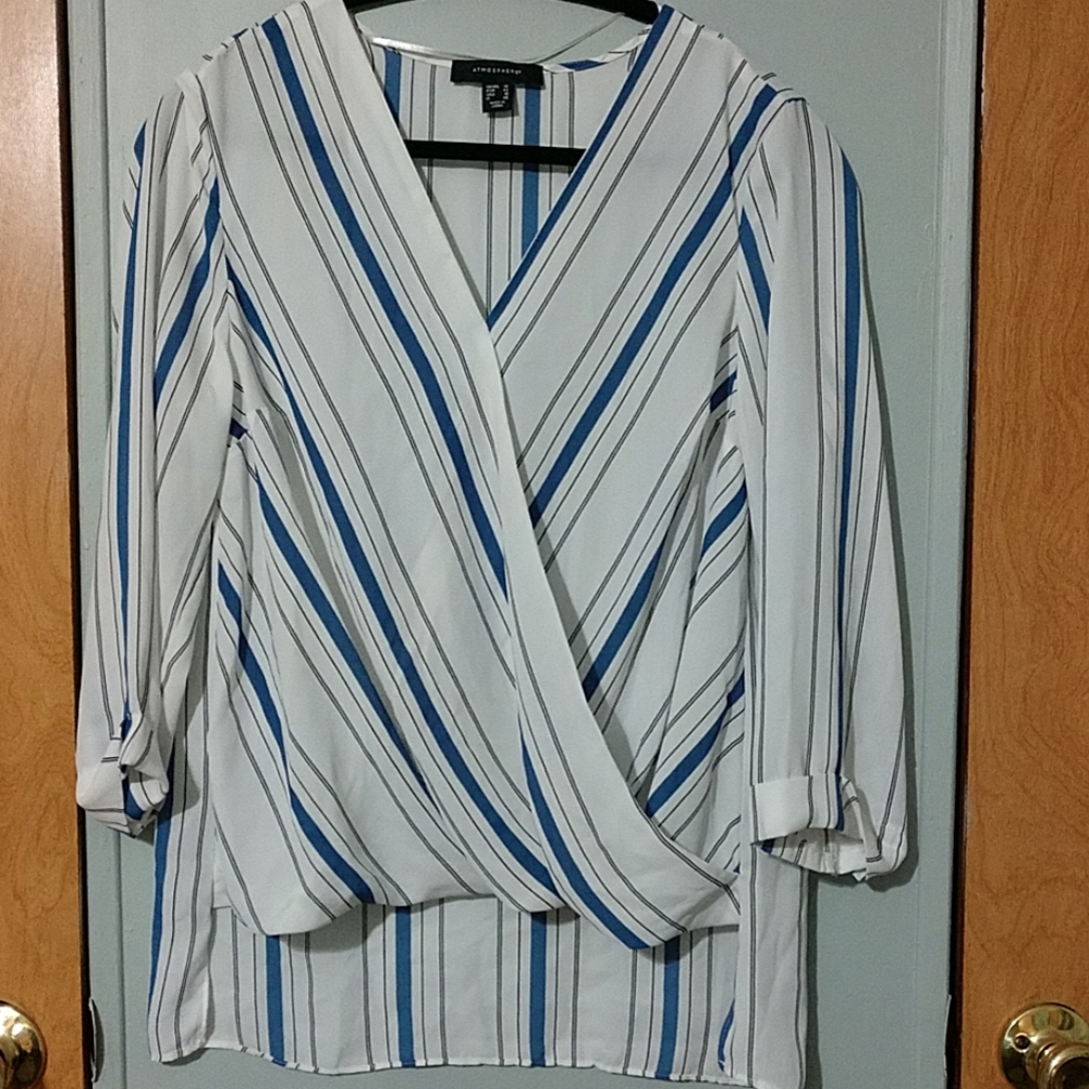 Faux Wrap Blouse - Blue/White